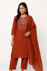 Rust Orange Cotton Embroidered Kurta Set with Dupatta for Women